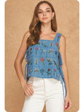 Strut & Bolt Denim Floral Side Tie Top