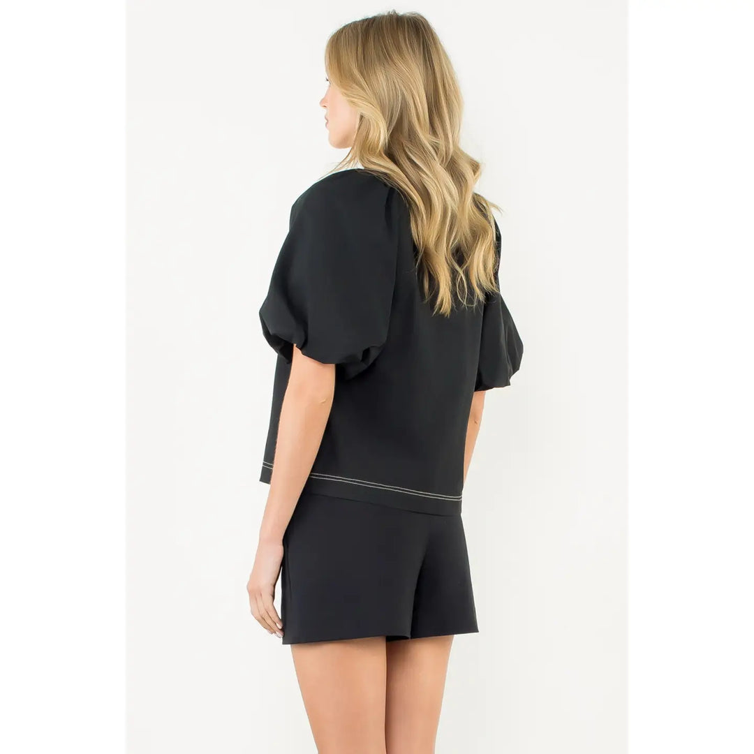 THML Puff Sleeve Solid V-Neck Top