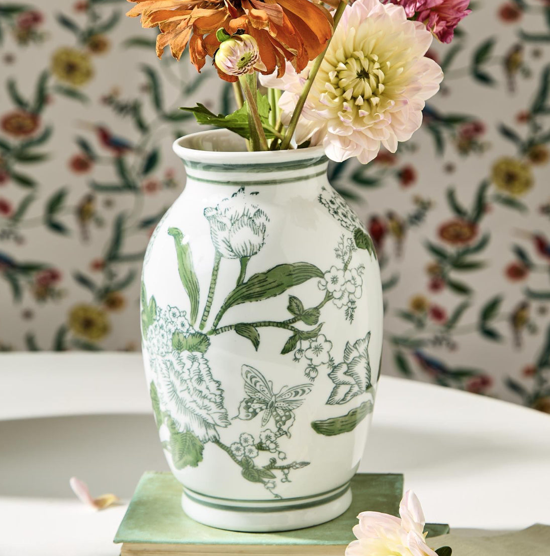 Twos Company Green and White Chinoiserie Vases Set Of Five