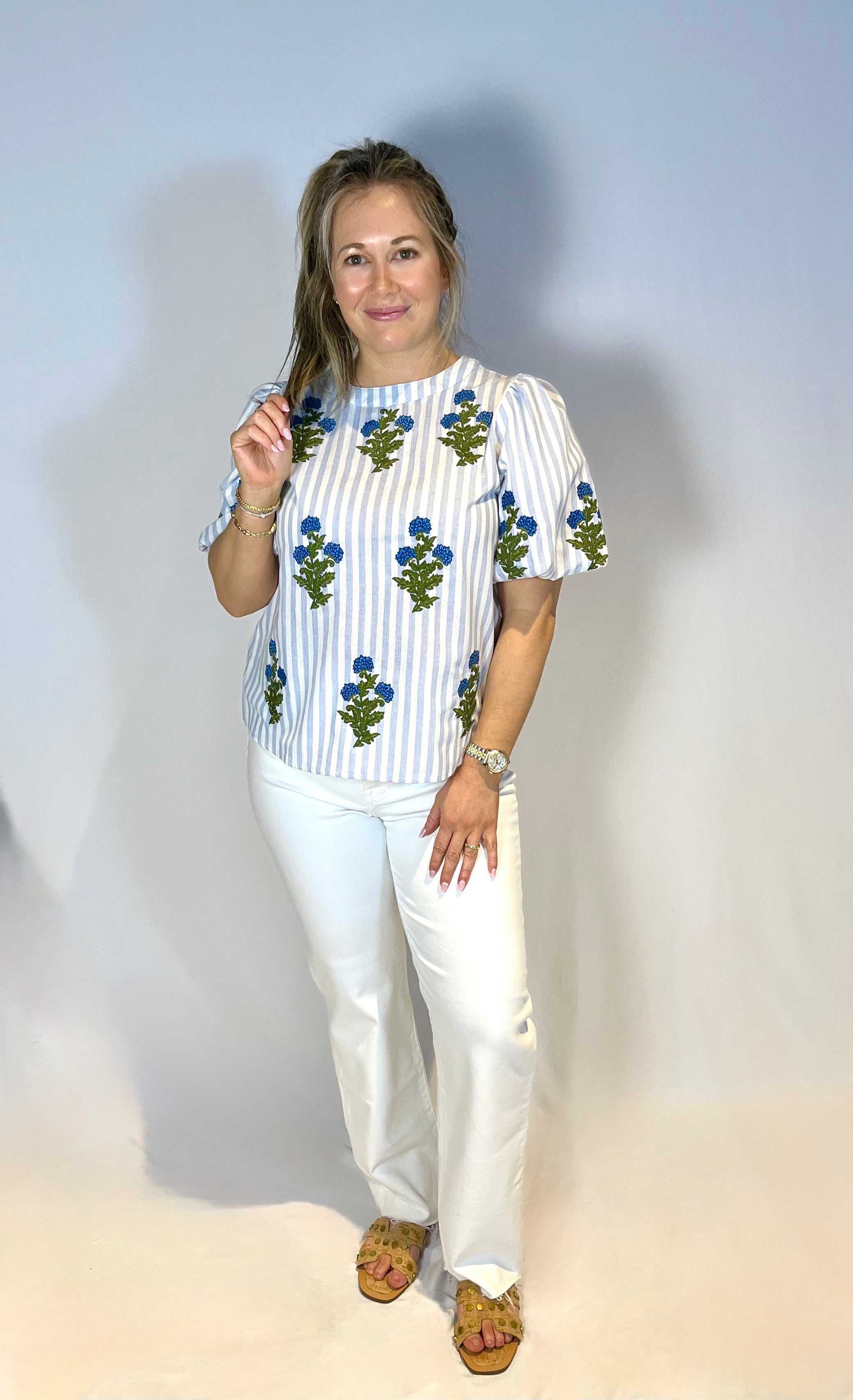THML Blue Striped Embroidered Hydrangea Top