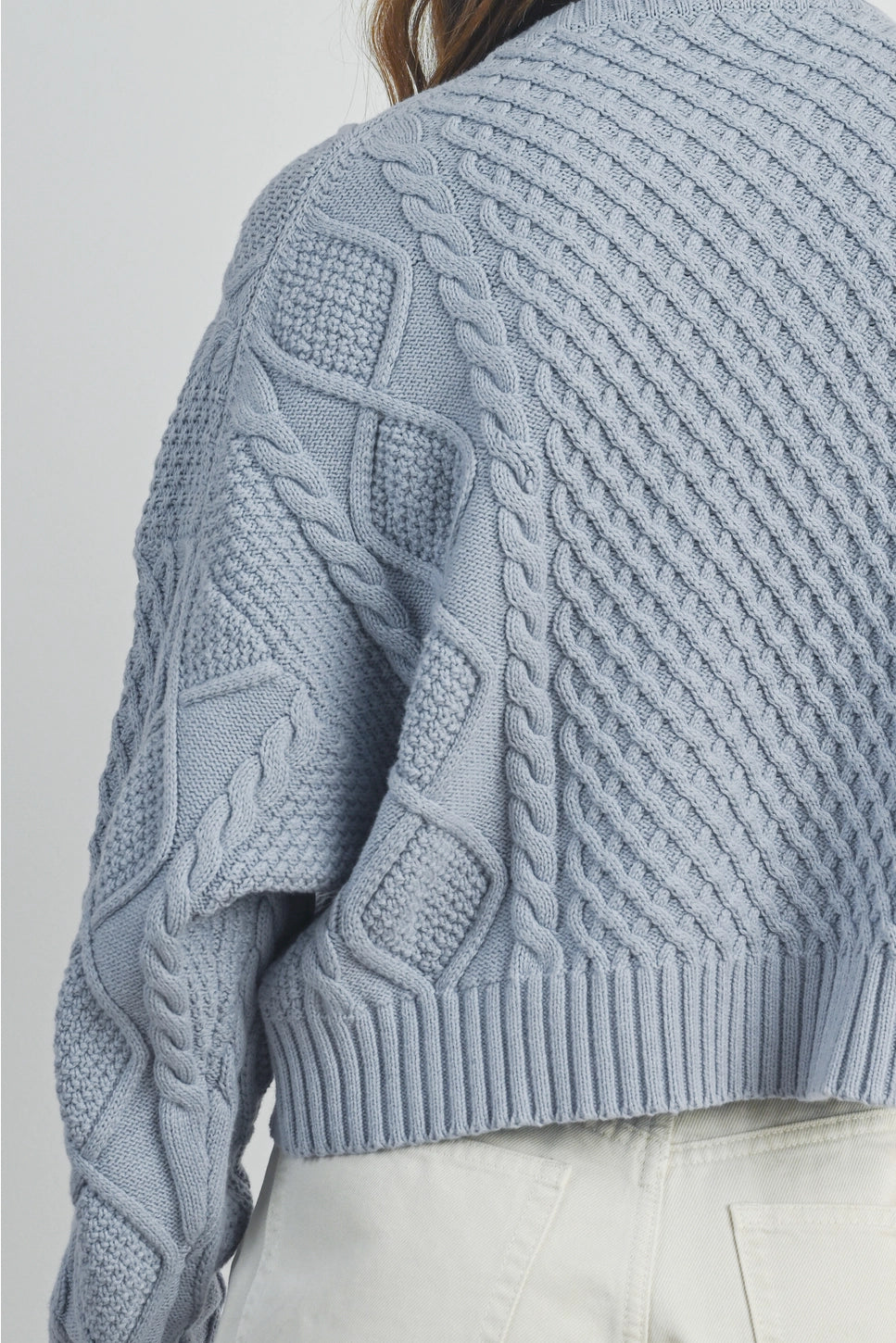 Cozy Cropped Cable Knit Sweater Blue