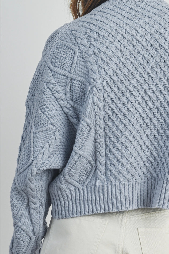 Cozy Cropped Cable Knit Sweater Blue