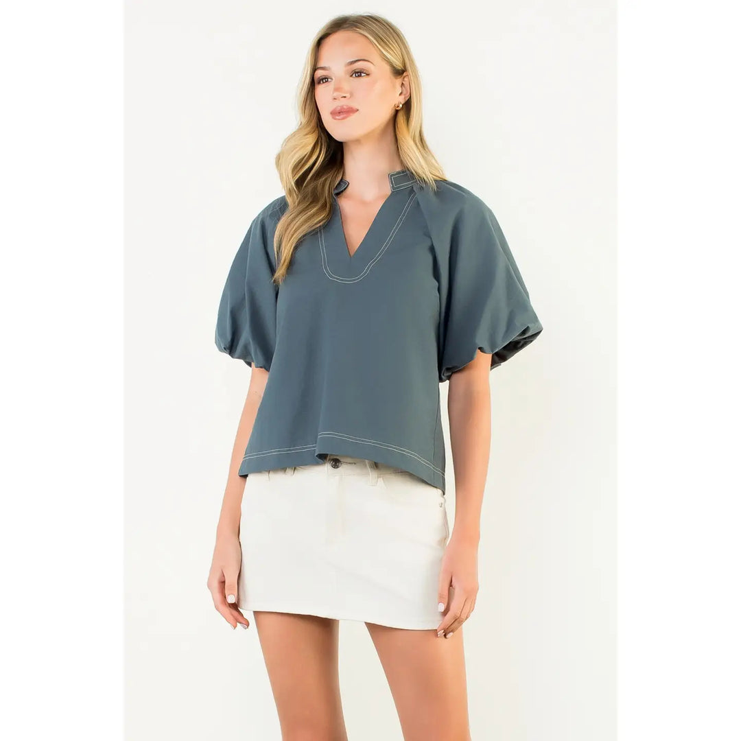 THML Puff Sleeve Solid V-Neck Top