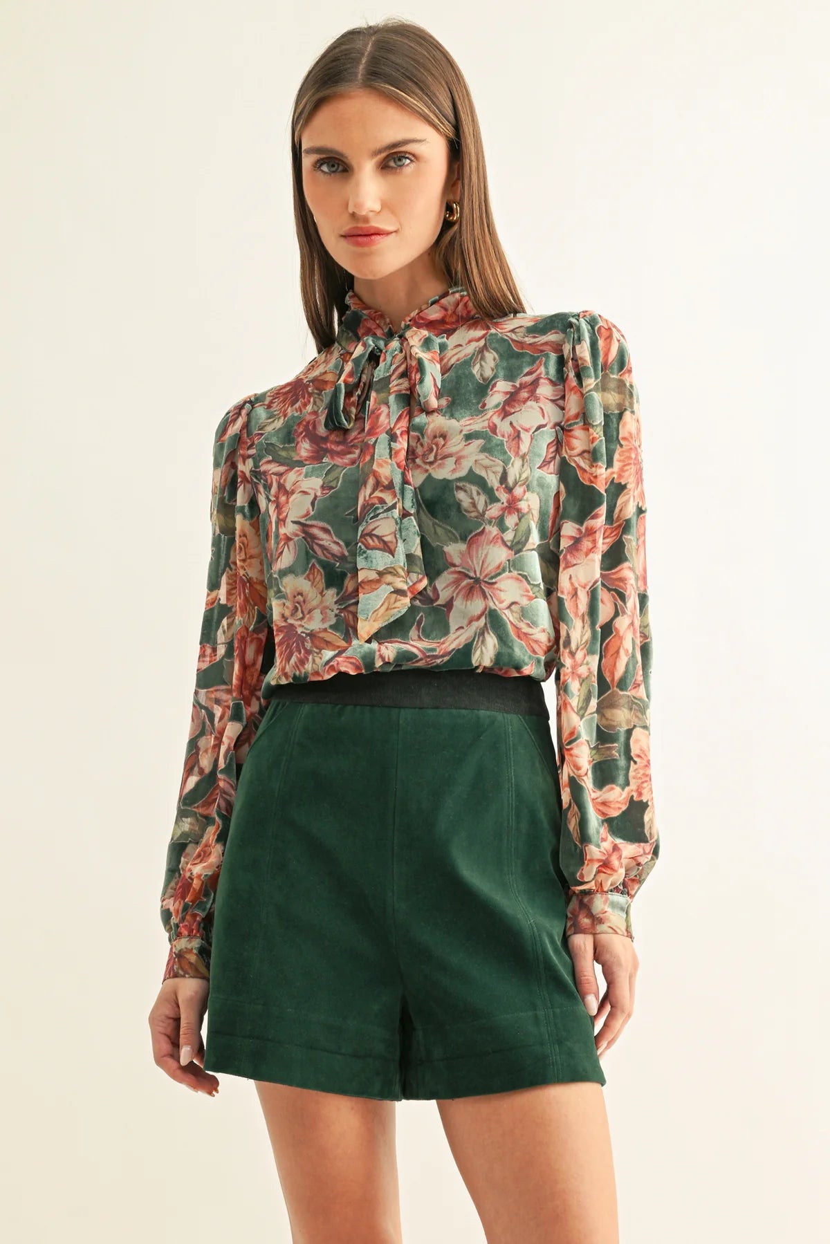 Adelyn Rae Velvet Tied Neck Blouse