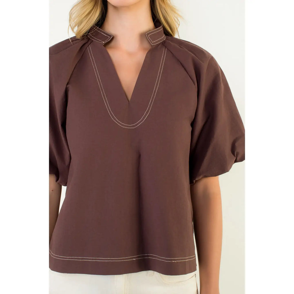 THML Puff Sleeve Solid V-Neck Top