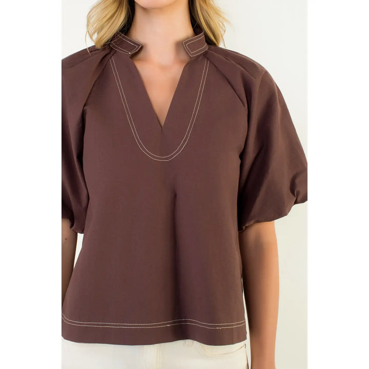 THML Puff Sleeve Solid V-Neck Top