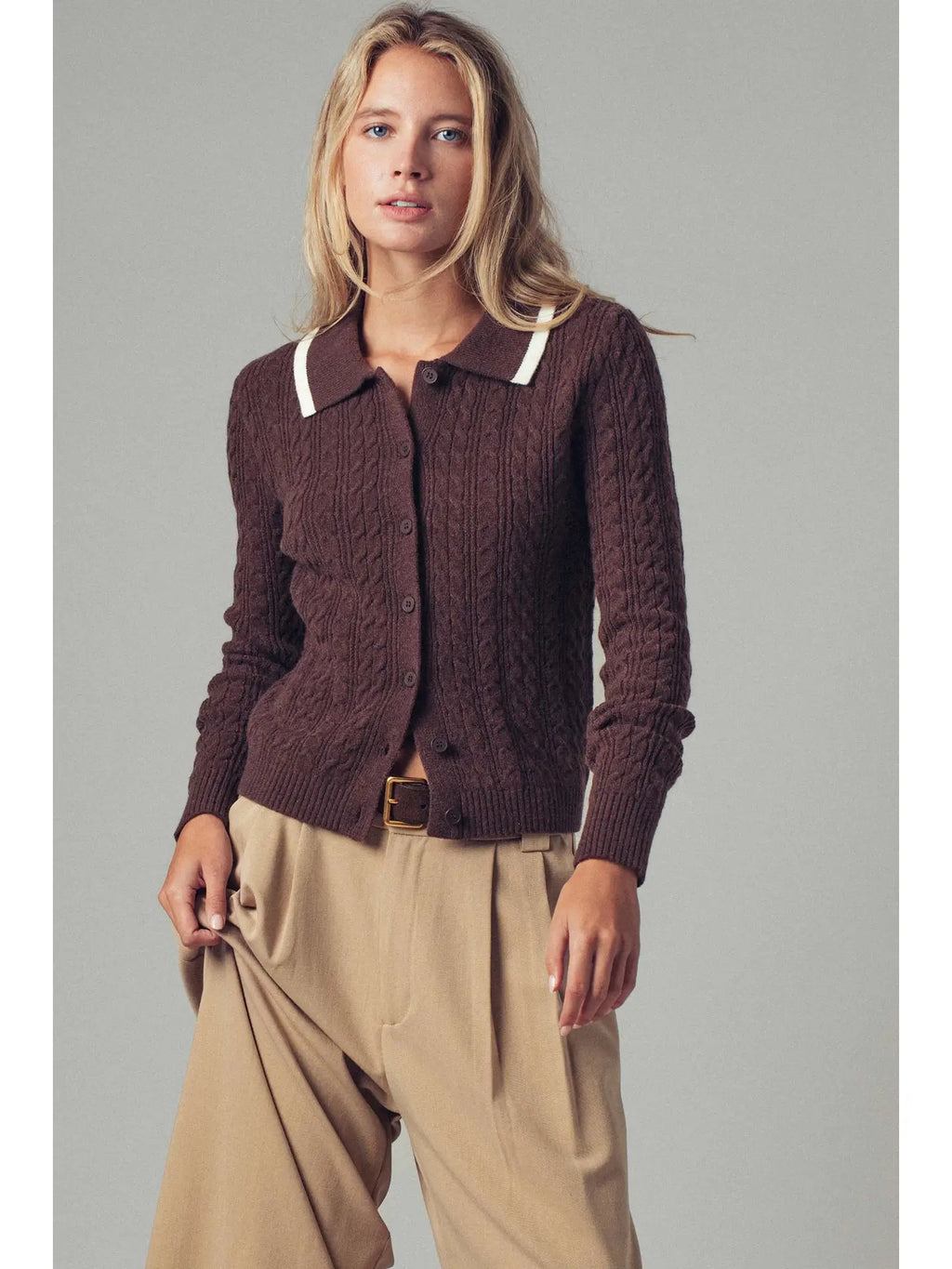 Chocolate Contrast Collar Cable Knit Sweater