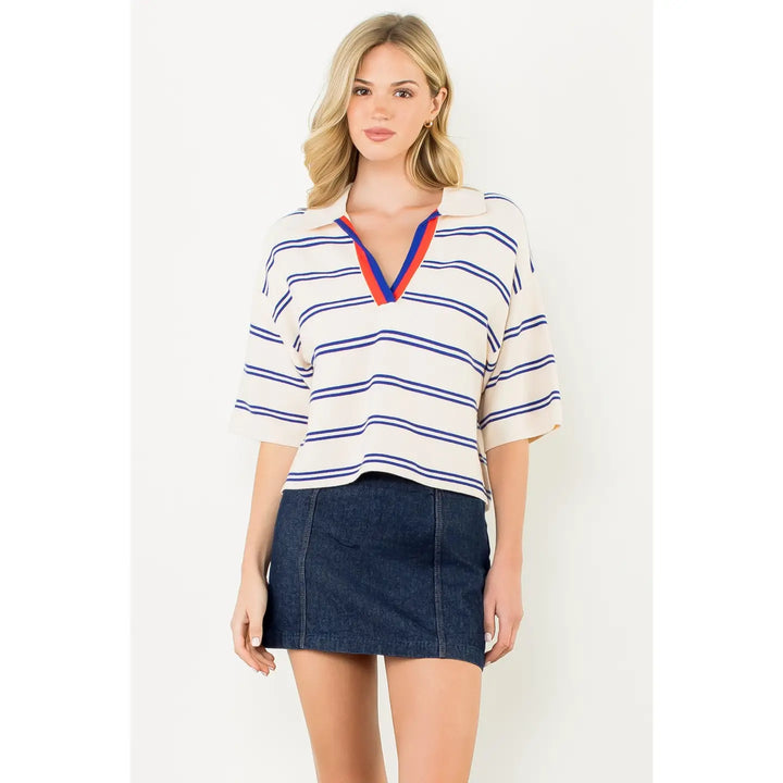 Short Sleeve Striped Knit Sweater Top