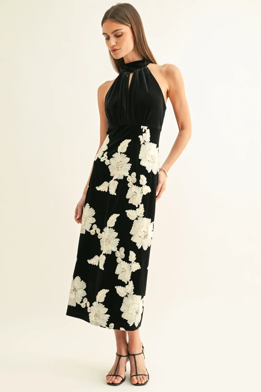 Adelyn Rae Flower Embellished Velvet Halter Midi Dress