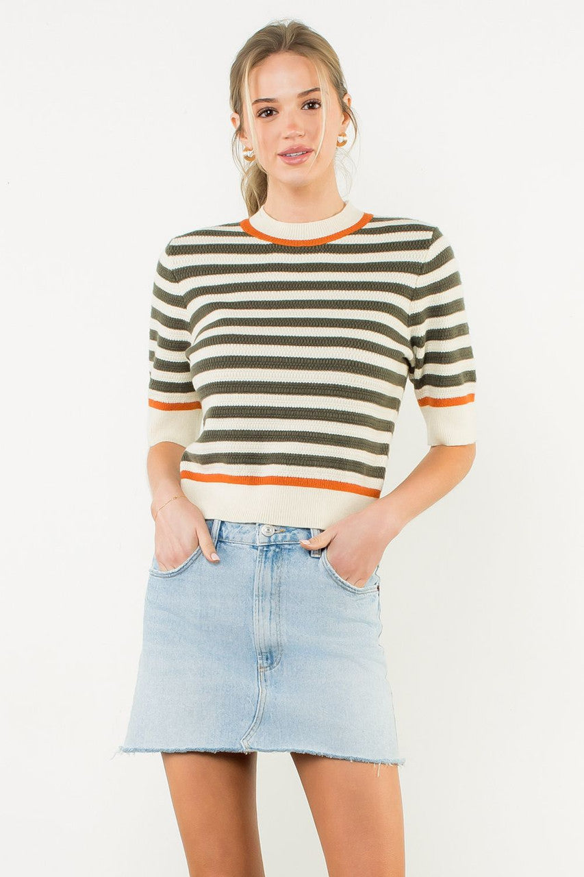 THML Short Sleeve Stripped Knit Top