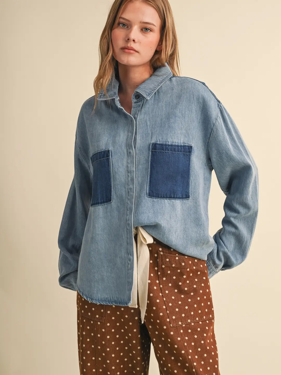 &Merci ColorBlocked Wash Denim Button Up Top