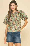 Pinch Floral Puffed Sleeve Blouse Top