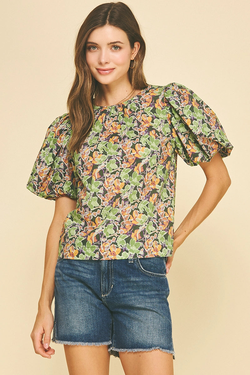 Pinch Floral Puffed Sleeve Blouse Top