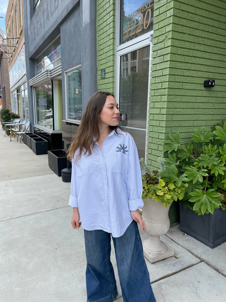 Anchor Blue Pinstripe Embroidered Button Down