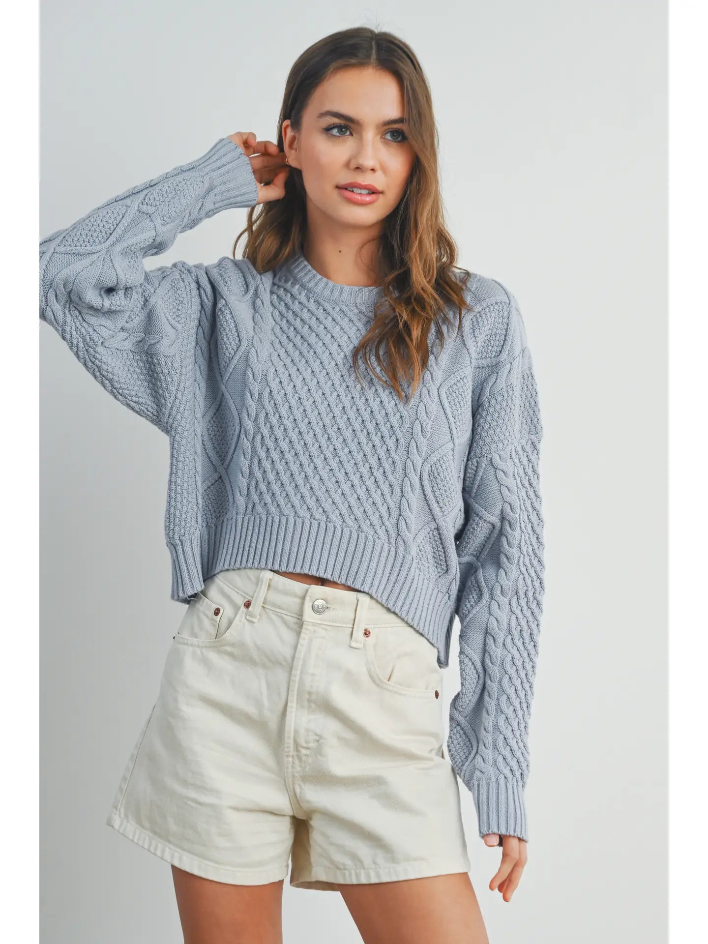 Cozy Cropped Cable Knit Sweater Blue