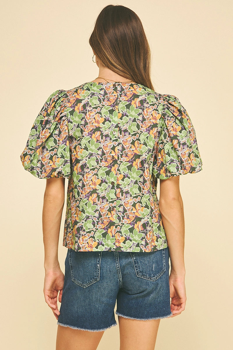 Pinch Floral Puffed Sleeve Blouse Top