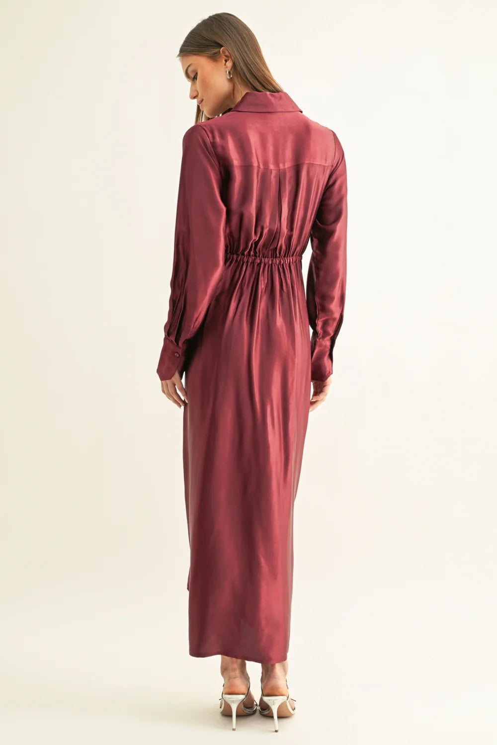 Adelyn Rae Burgundy Tied Front Shirt Midi Dress