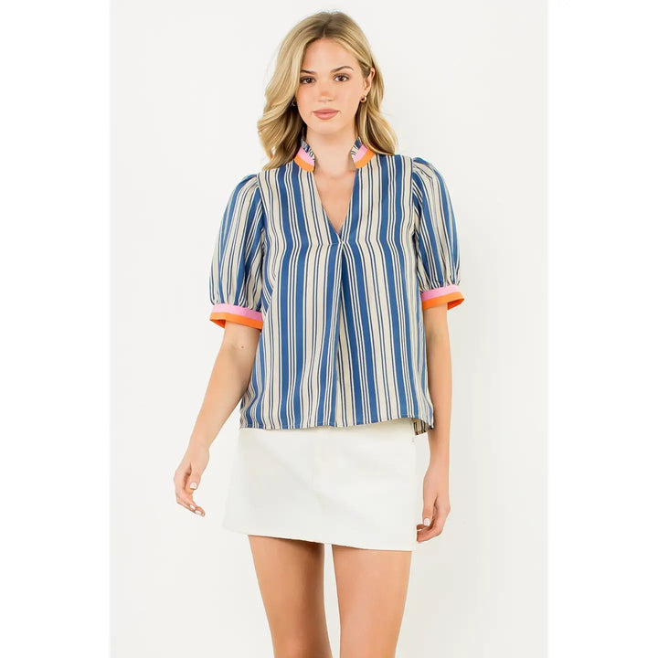 Short Sleeve Striped V-Neck Top