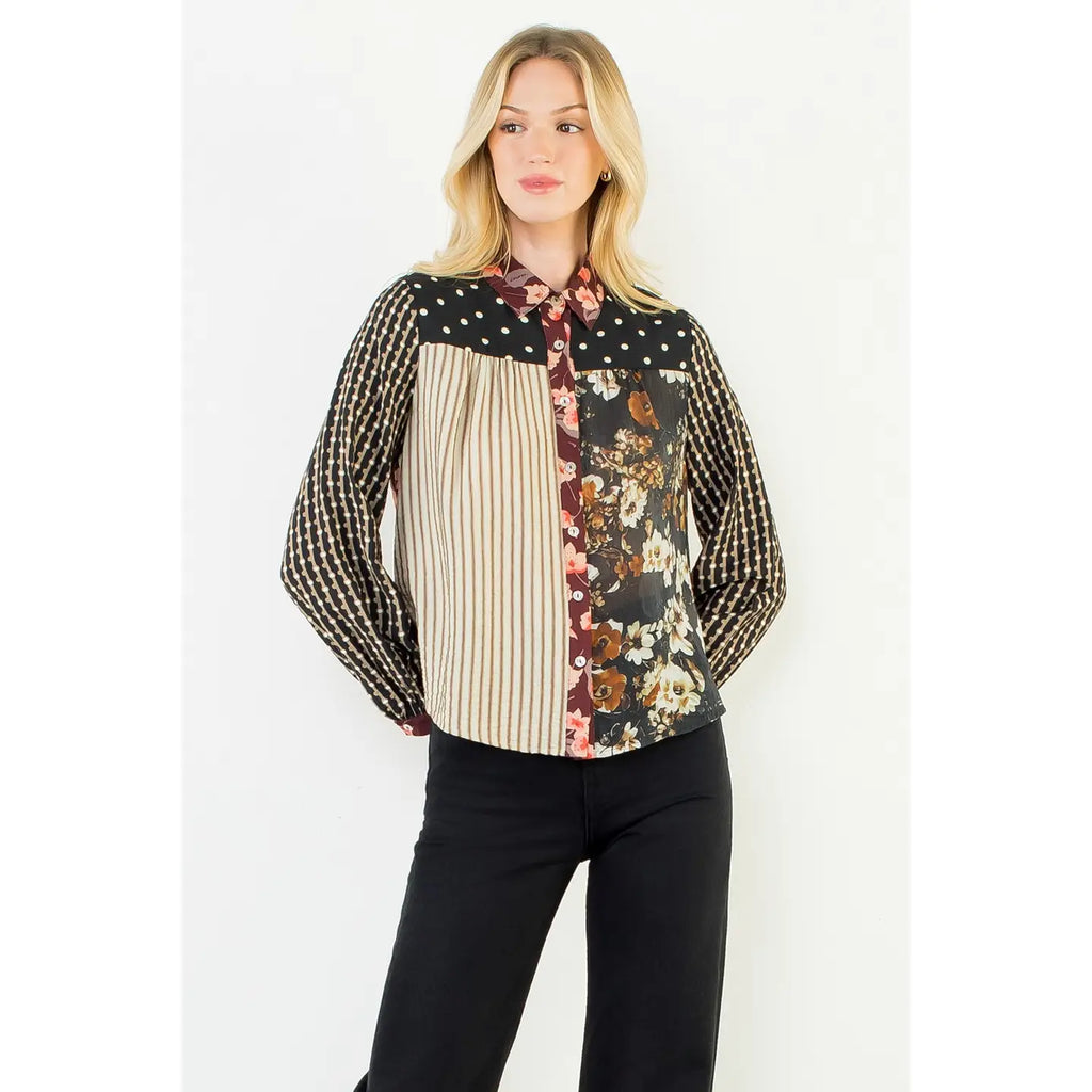THML Long Sleeve Patterned Collard Shirt
