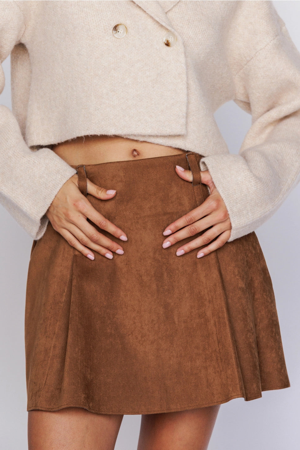 Brown Pleat Suede Mini Skirt