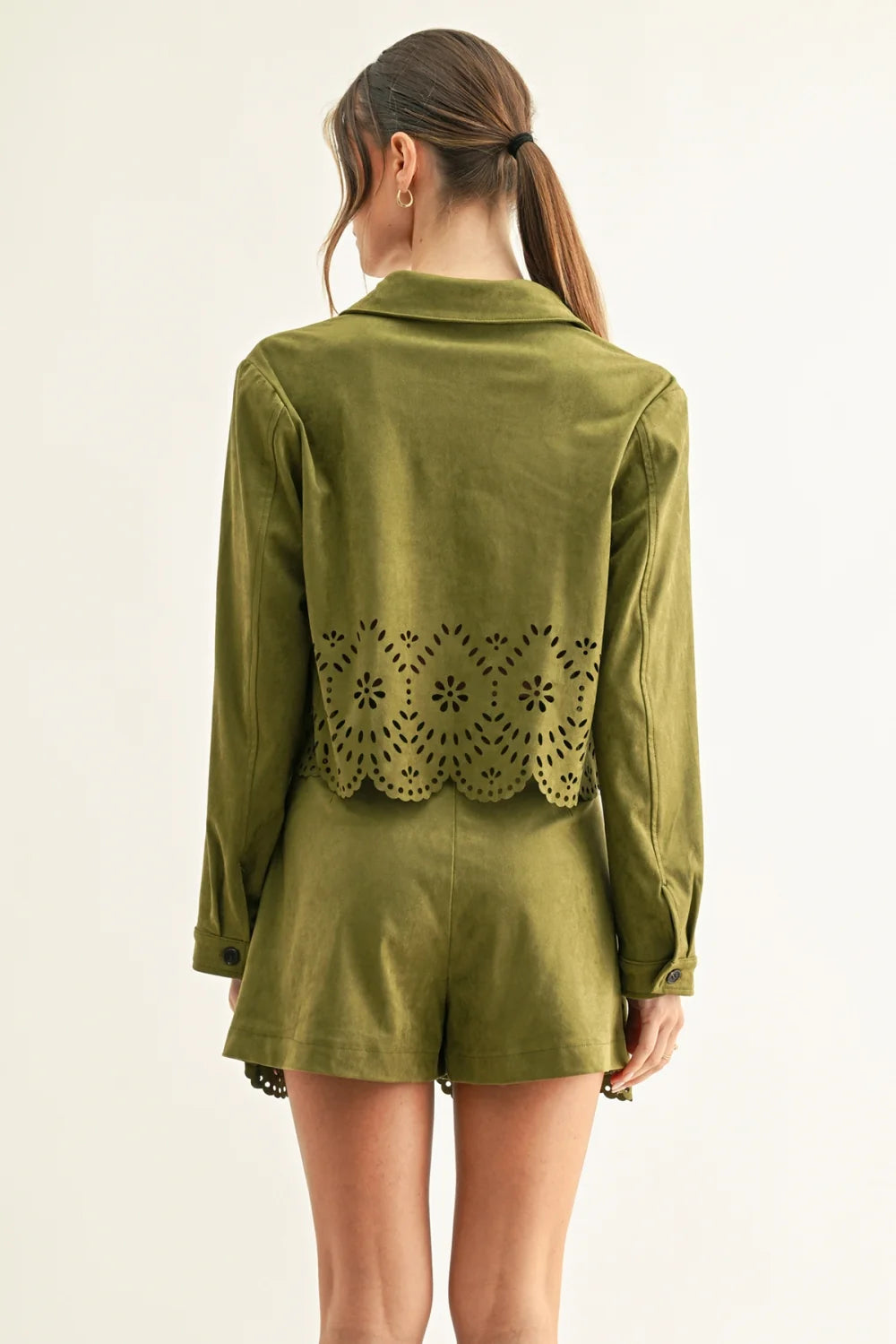 Adelyn Rae Eyelet Faux Suede Cropped Shirt