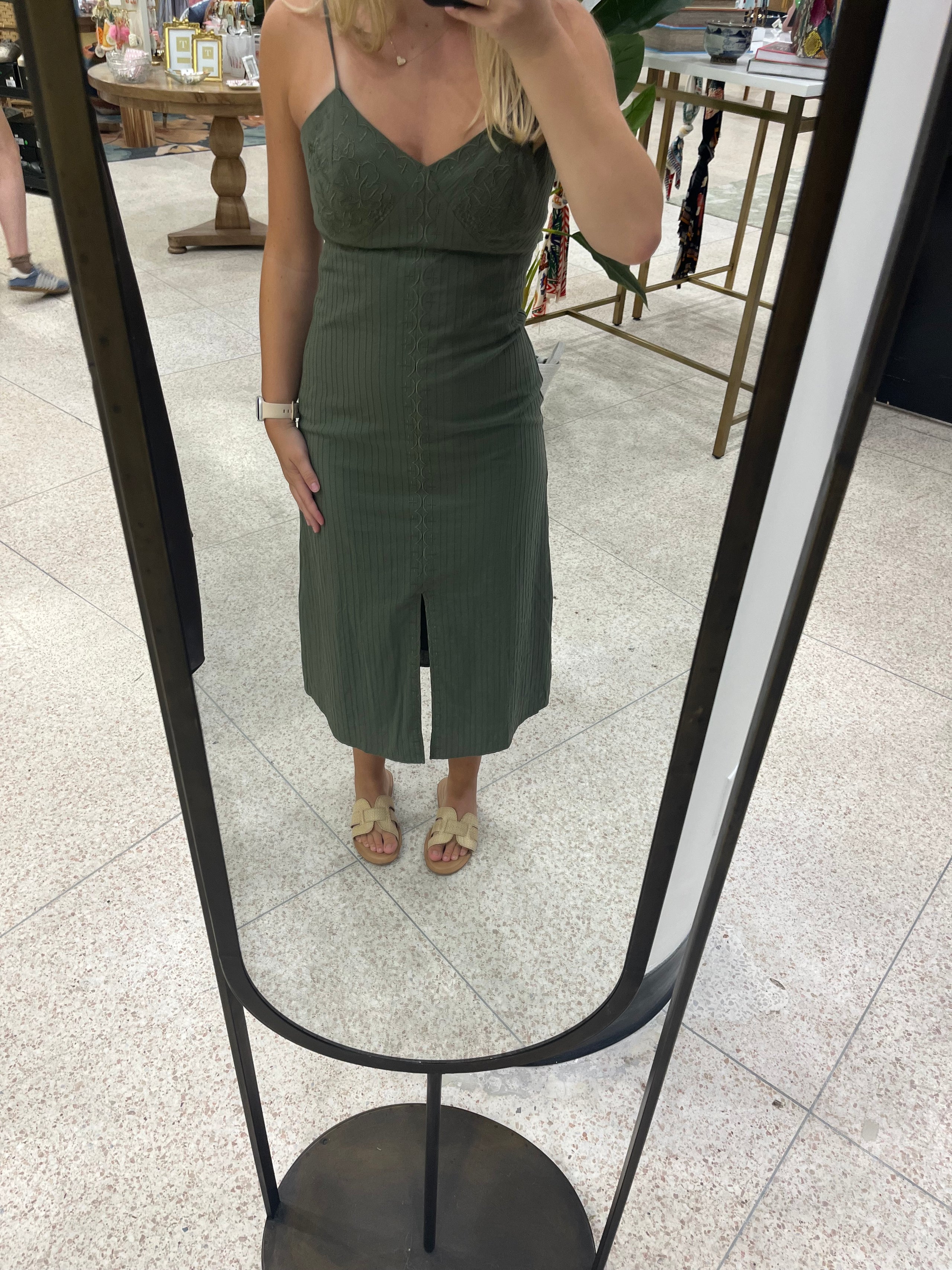 Adelyn Rae Millie Embroidered Midi Slip Dress Olive