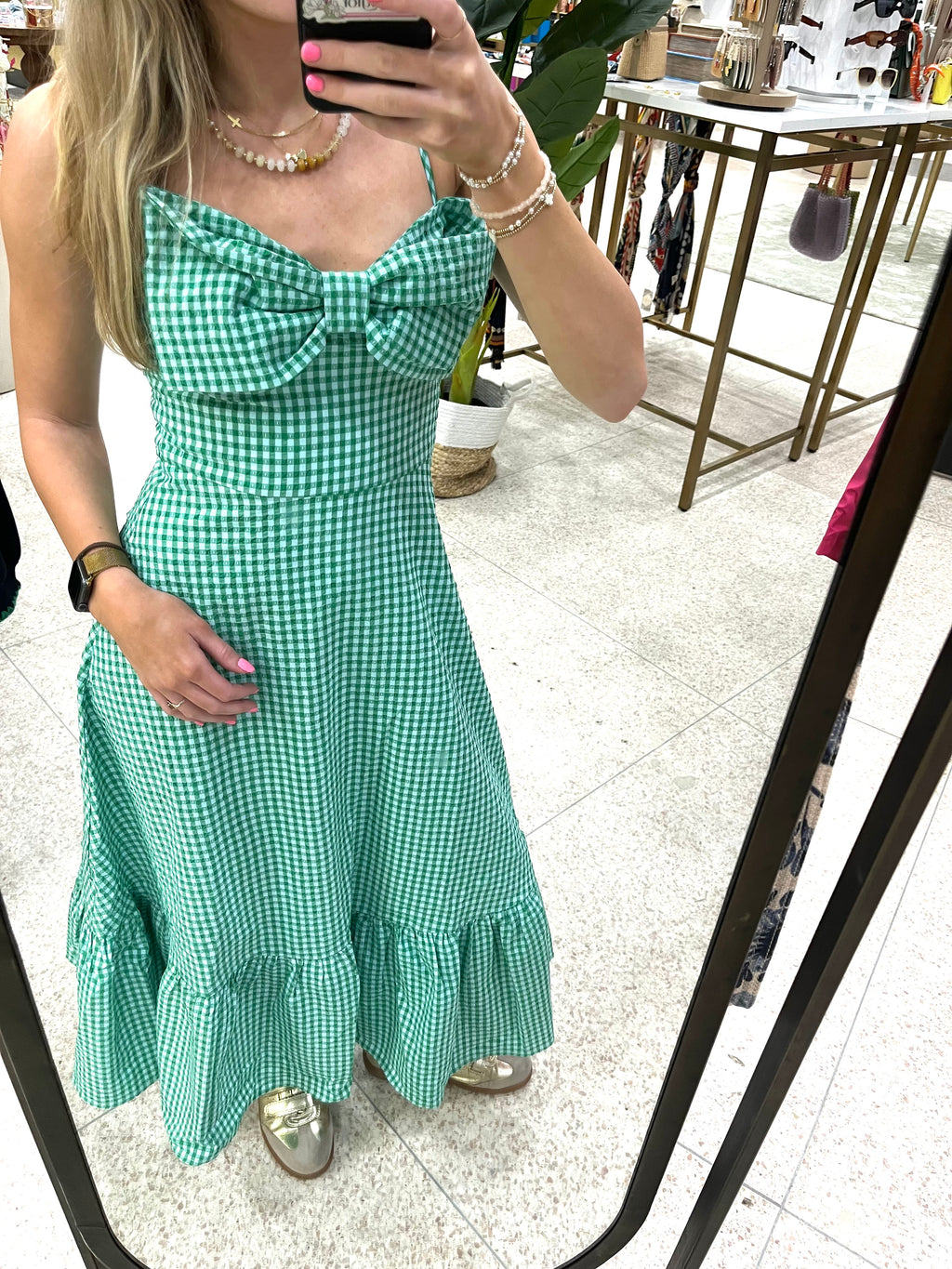 THML Blue and Green Gingham Bow Midi Dress