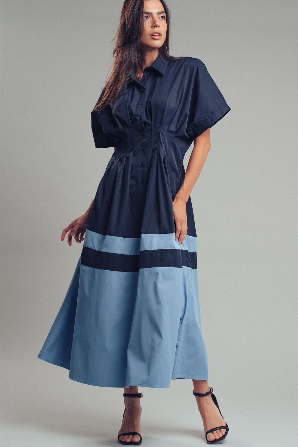Color Block Button Down Dress Blue