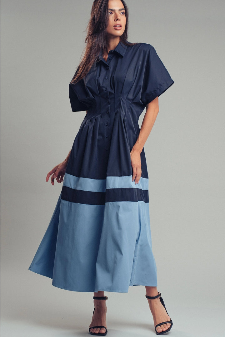 Color Block Button Down Dress Blue