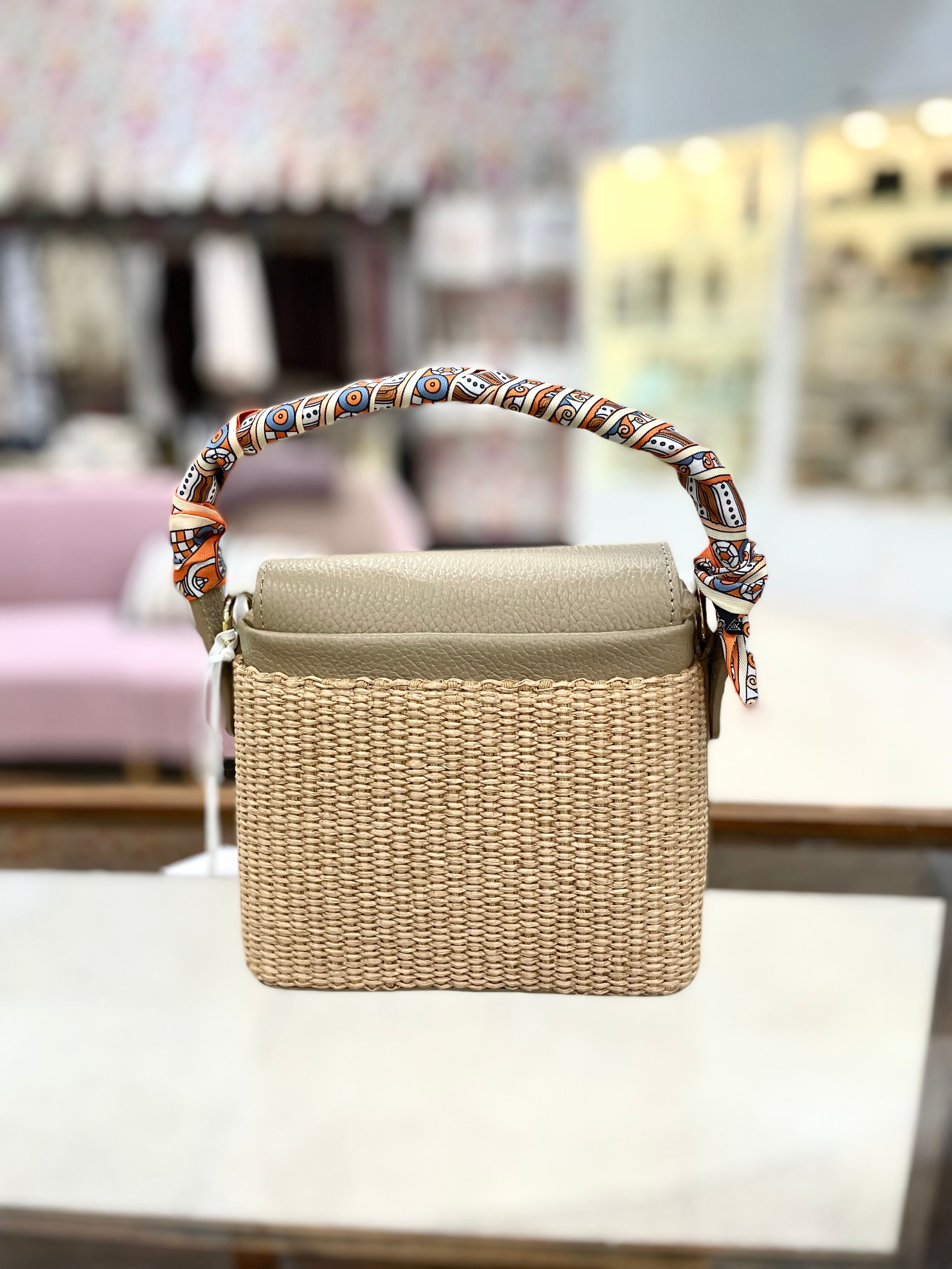 Genuine Italian Leather & Rattan Handle Bag With Twilly