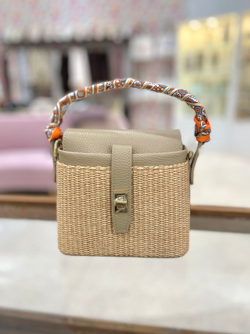 Genuine Italian Leather & Rattan Handle Bag With Twilly