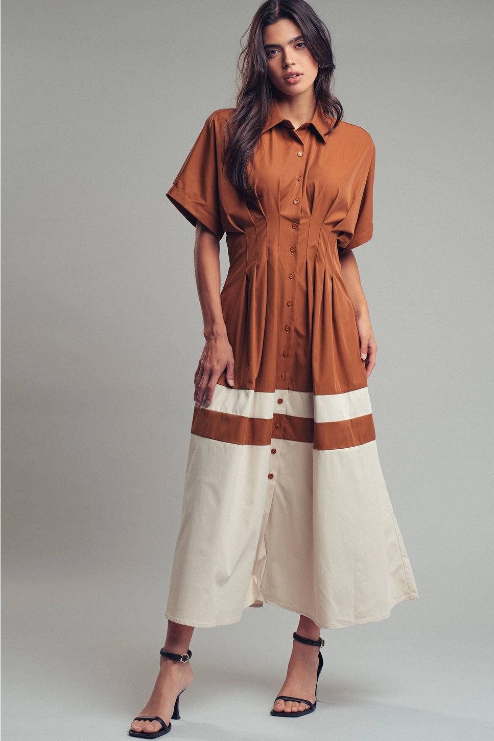 Color Block Button Down Dress Brown