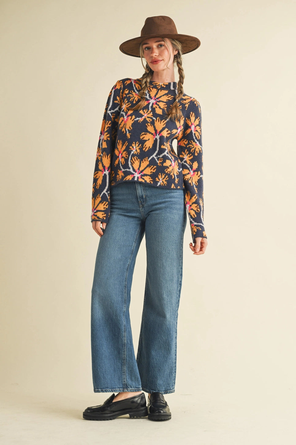 Floral Mock Neck Sweater Orange