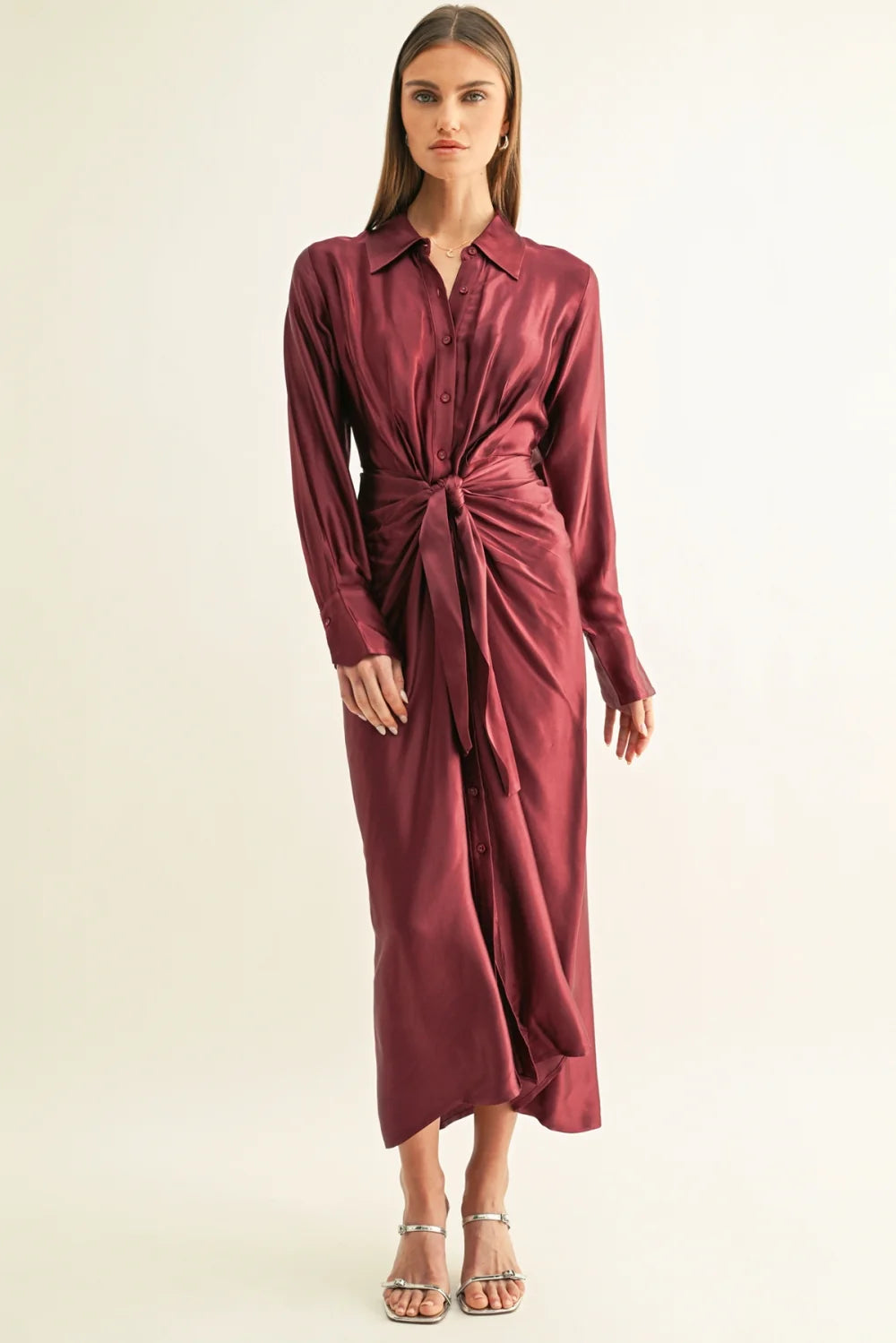 Adelyn Rae Burgundy Tied Front Shirt Midi Dress