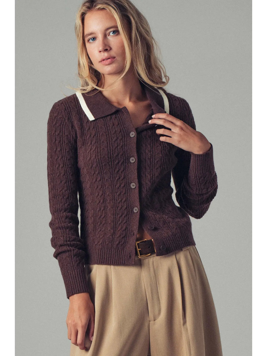 Chocolate Contrast Collar Cable Knit Sweater