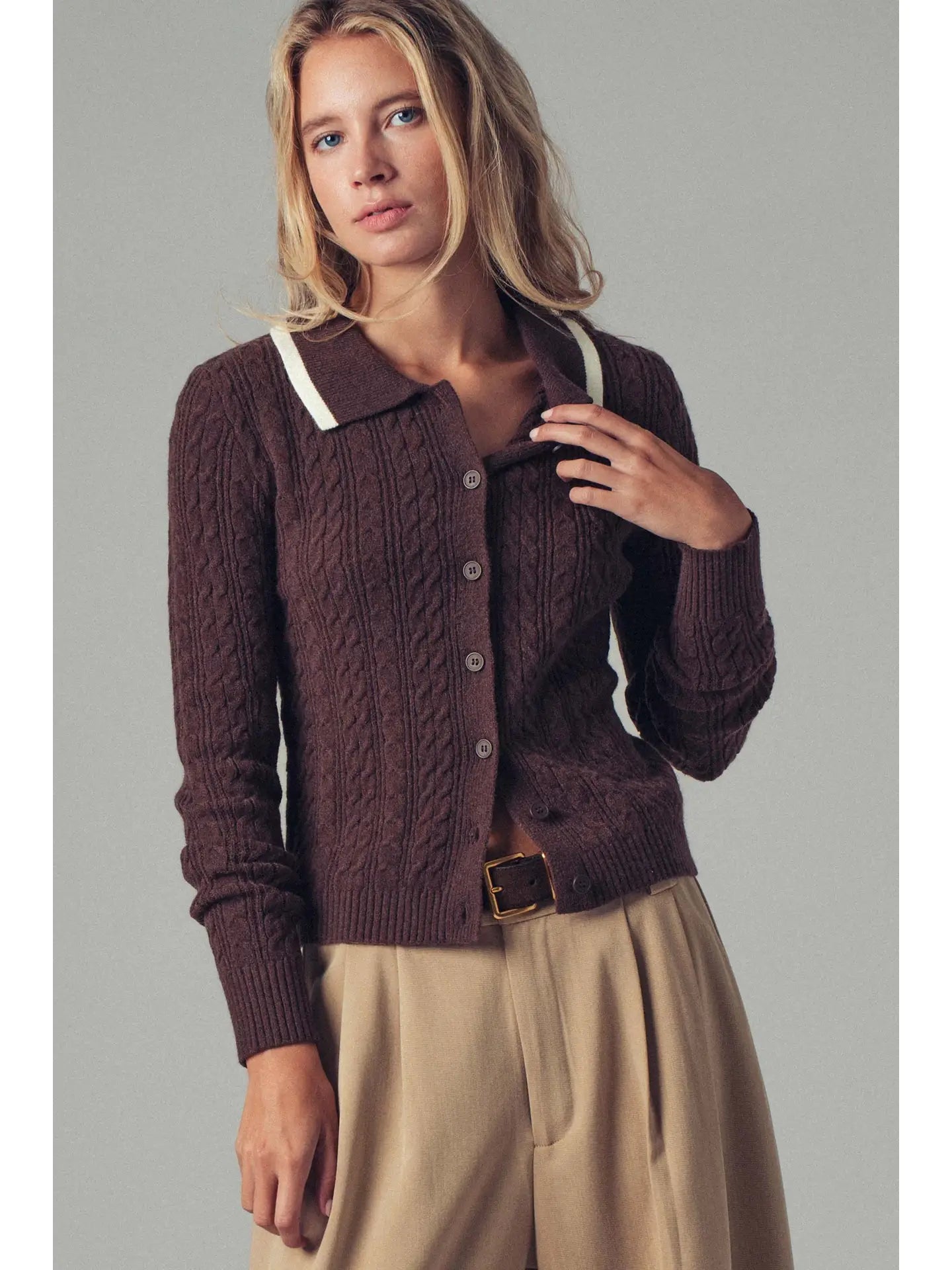 Chocolate Contrast Collar Cable Knit Sweater