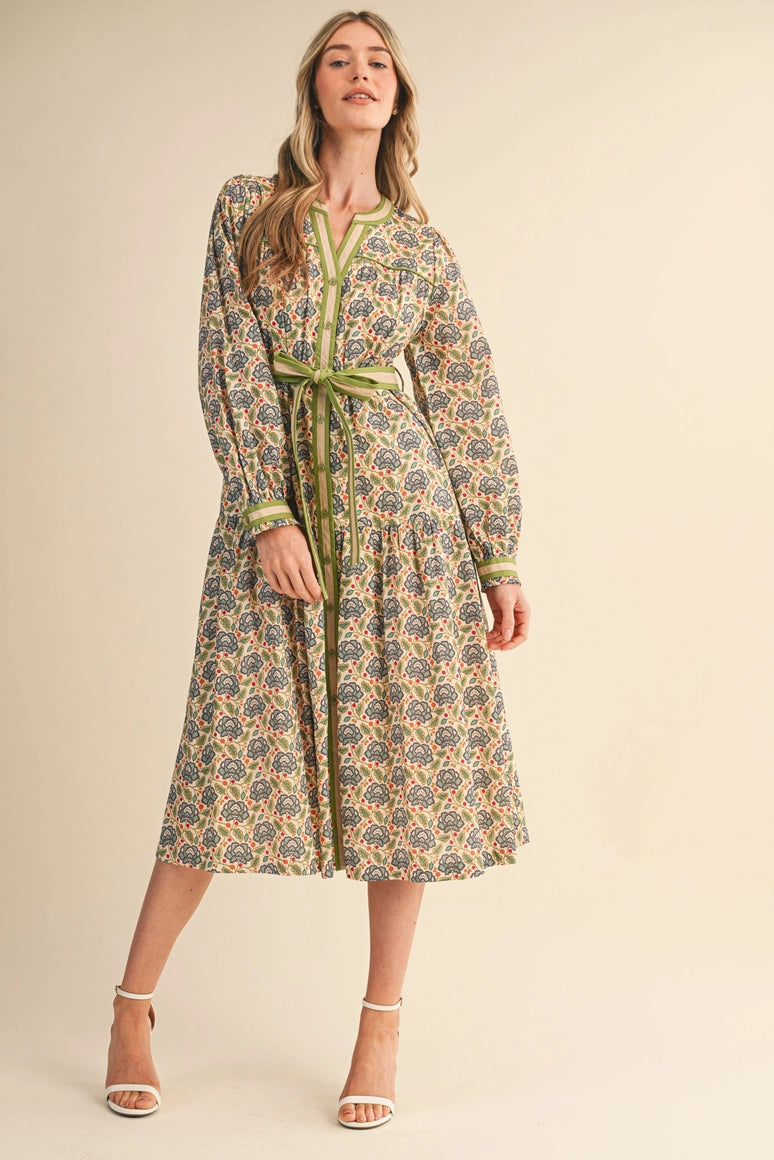 Green Pattern Midi Tie Dress