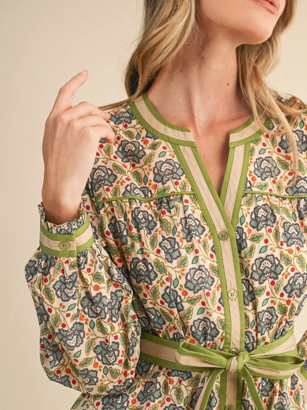 Green Pattern Midi Tie Dress