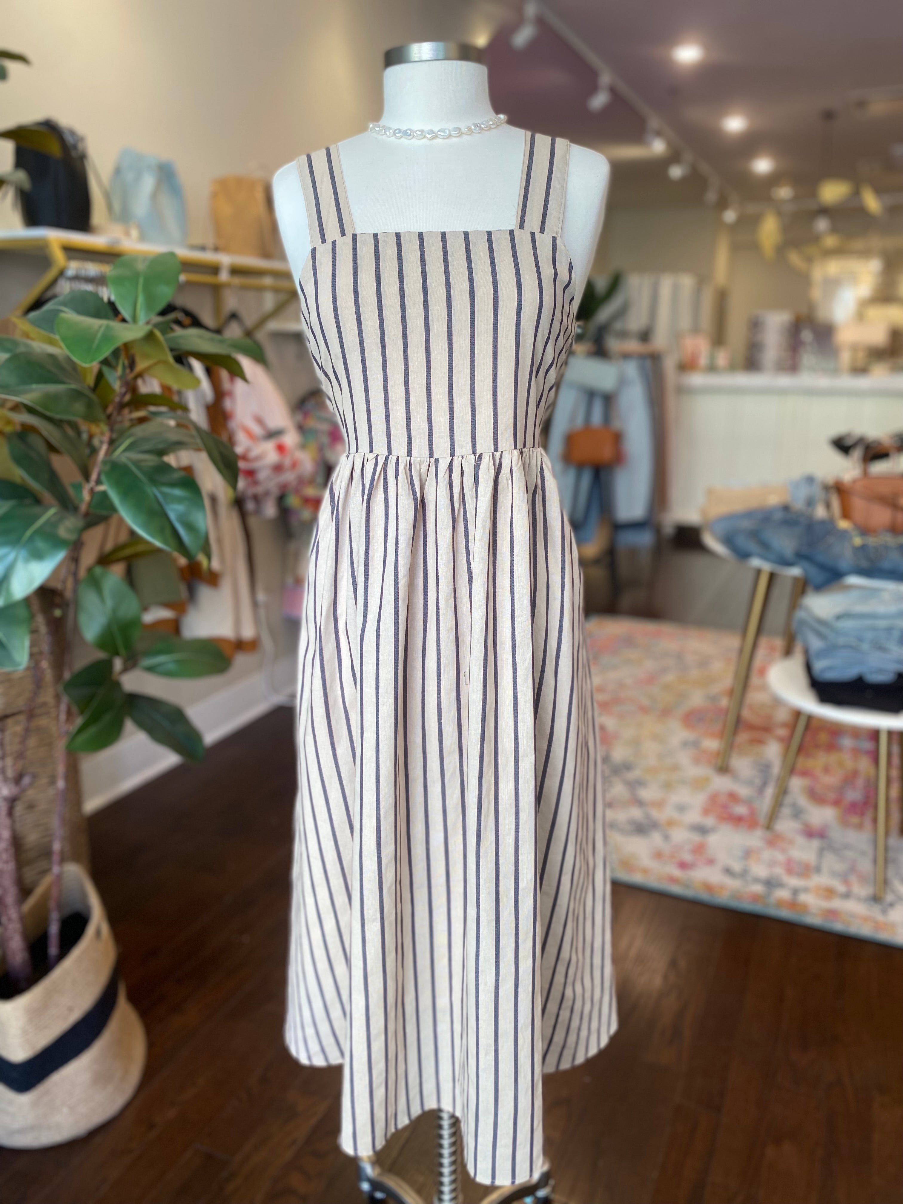 By Together Striped Square Neck Midi Dress