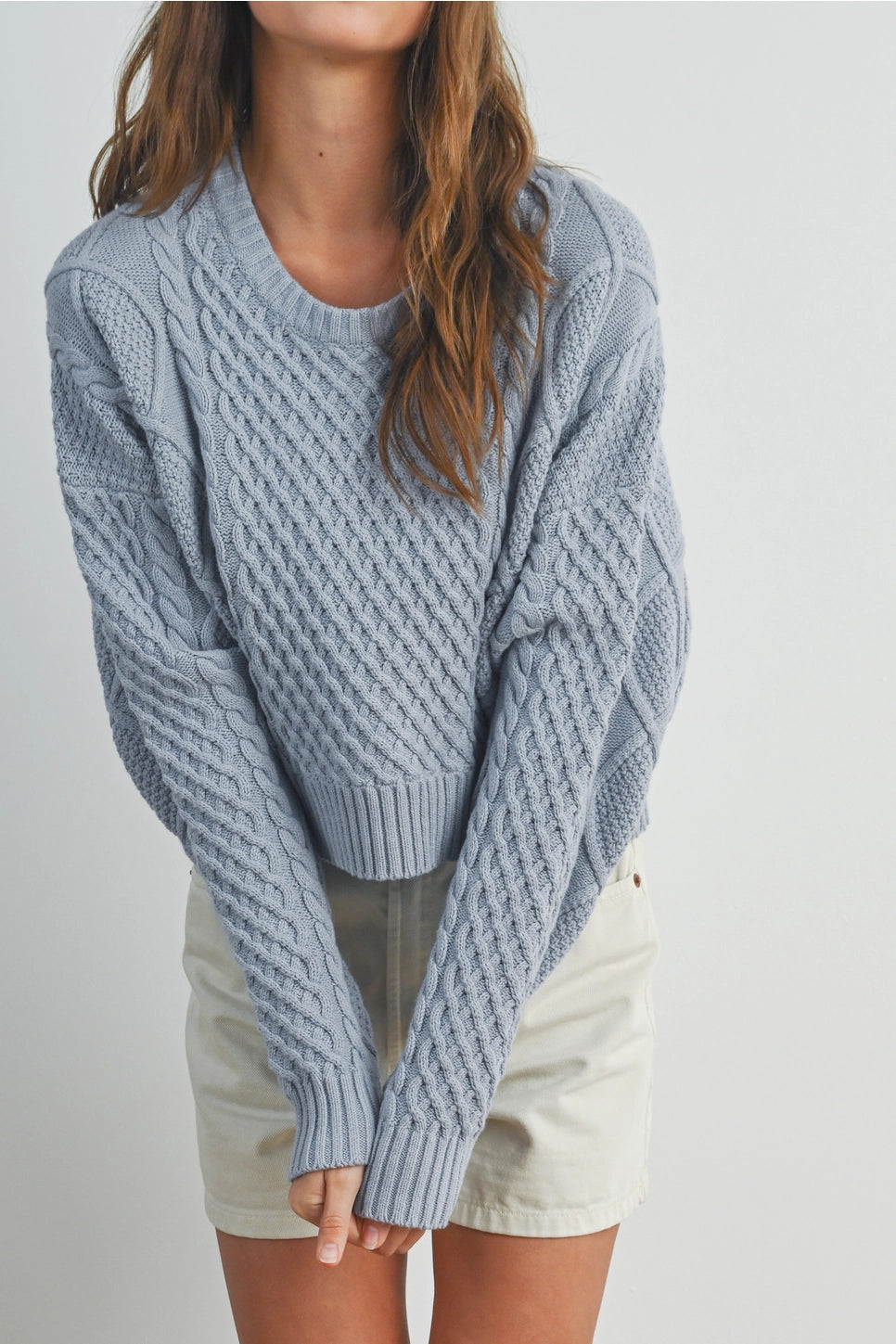 Cozy Cropped Cable Knit Sweater Blue