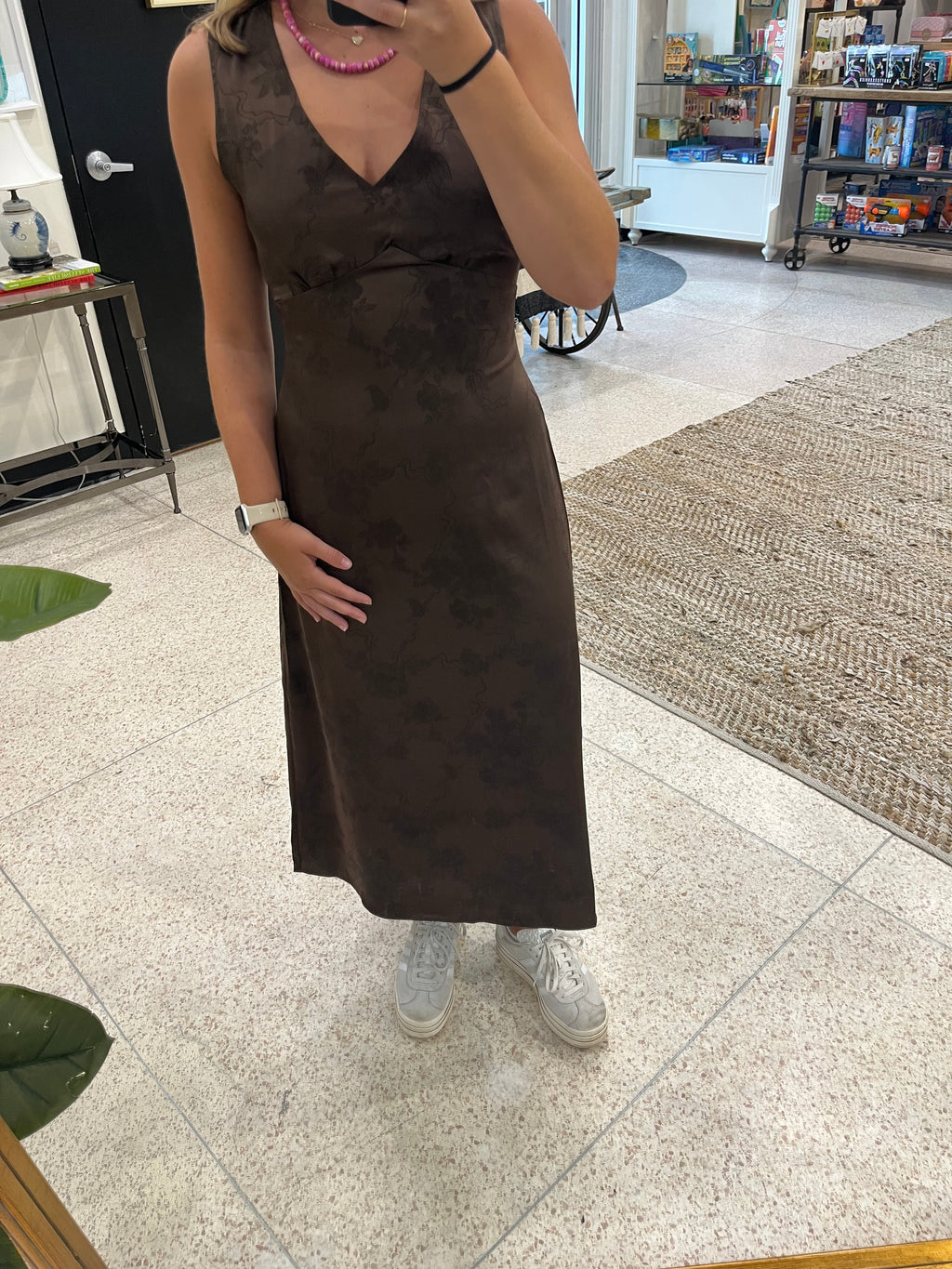 Zoe and Claire Brown Satin V Neck Dress