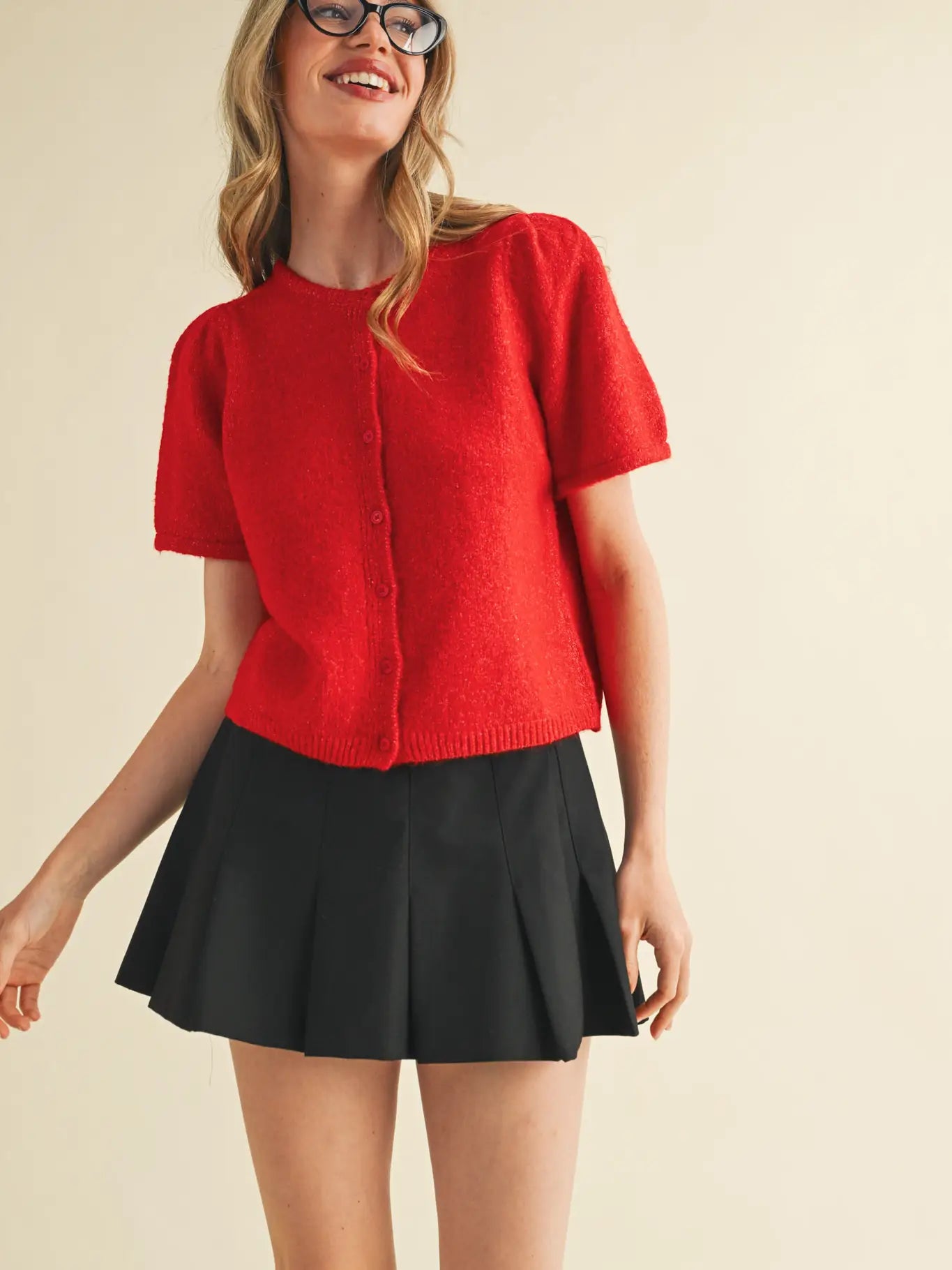 &Merci Short Puff Sleeve Red Cardigan