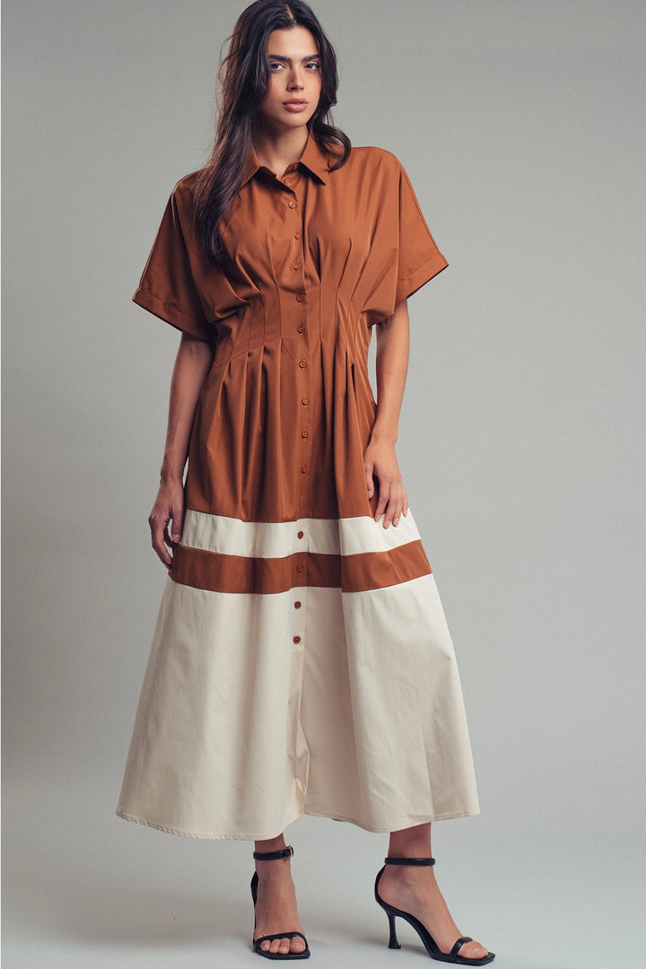 Color Block Button Down Dress Brown