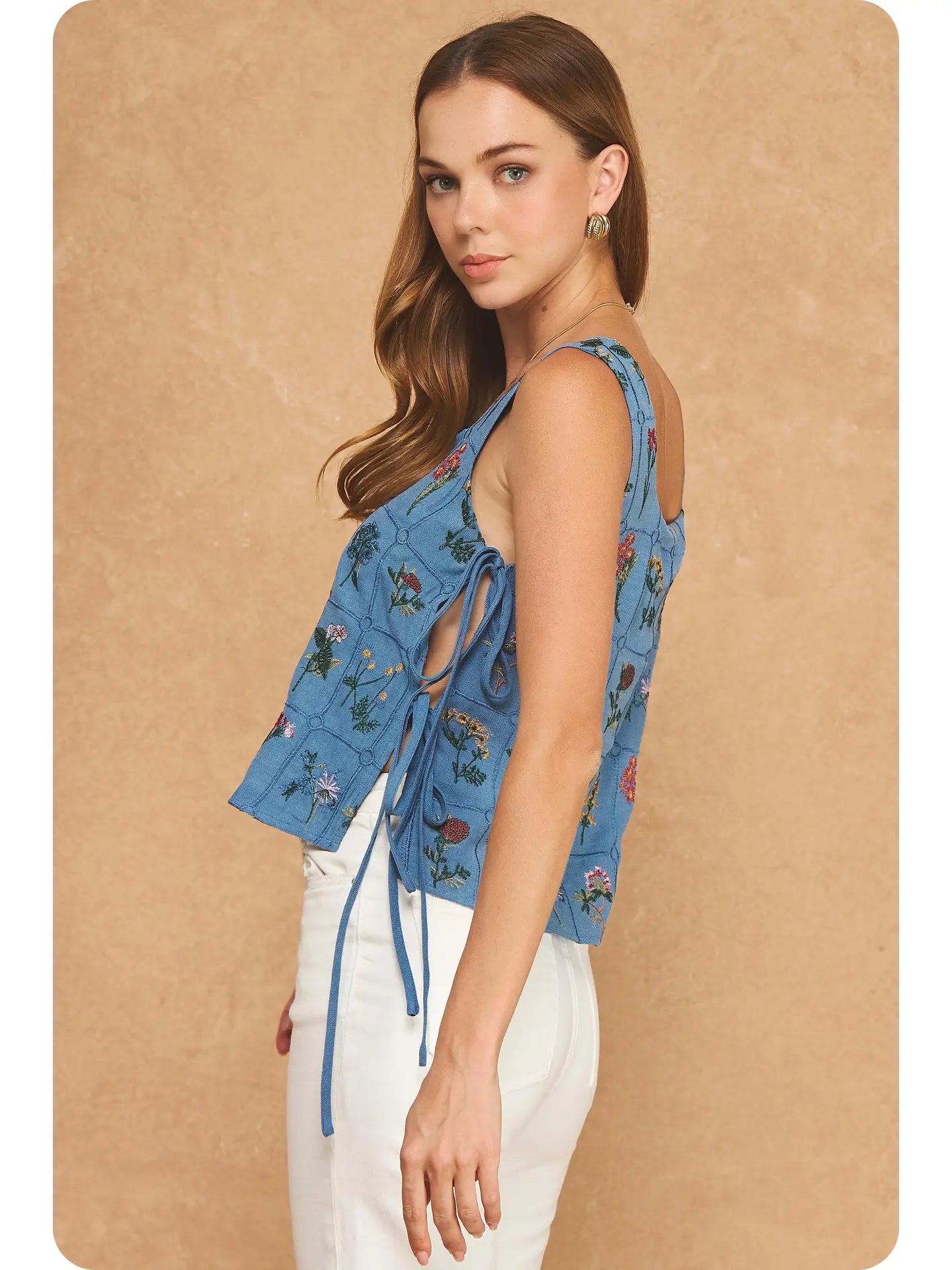 Strut & Bolt Denim Floral Side Tie Top