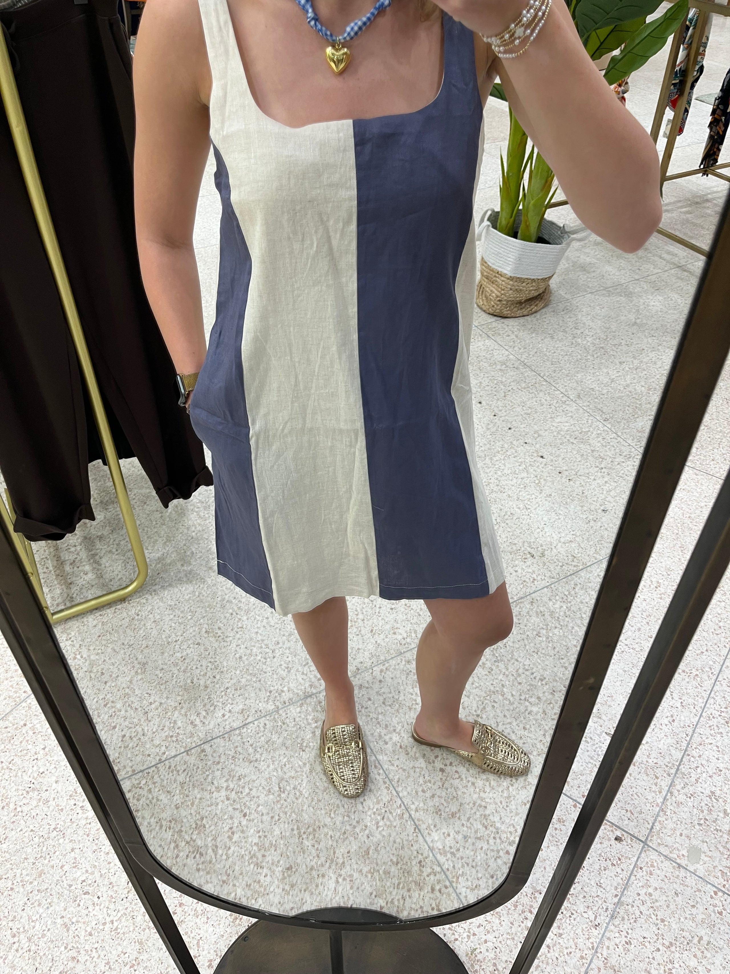 Miou Muse Navy Striped Linen Dress