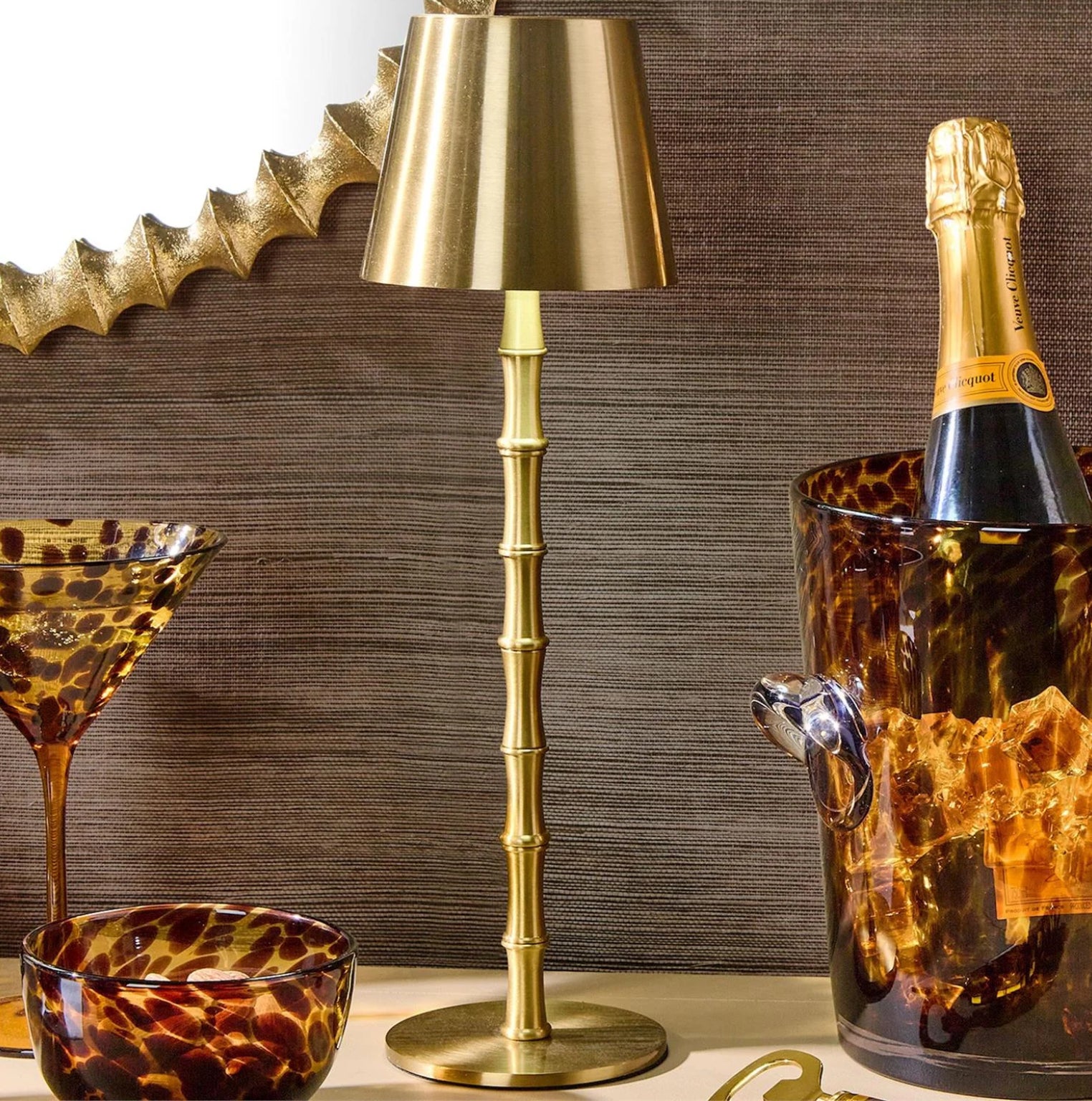 Twos Company LED Portable Cordless Gold Bamboo Lamp