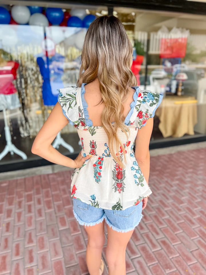 THML Floral Print Smocked Ruffle Sleeve Top
