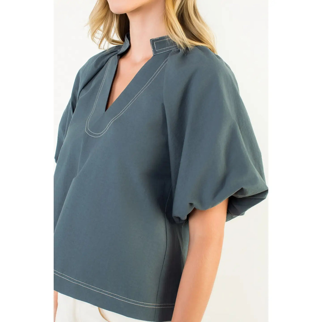 THML Puff Sleeve Solid V-Neck Top