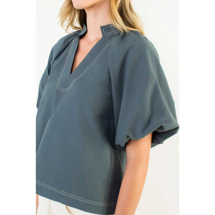 THML Puff Sleeve Solid V-Neck Top