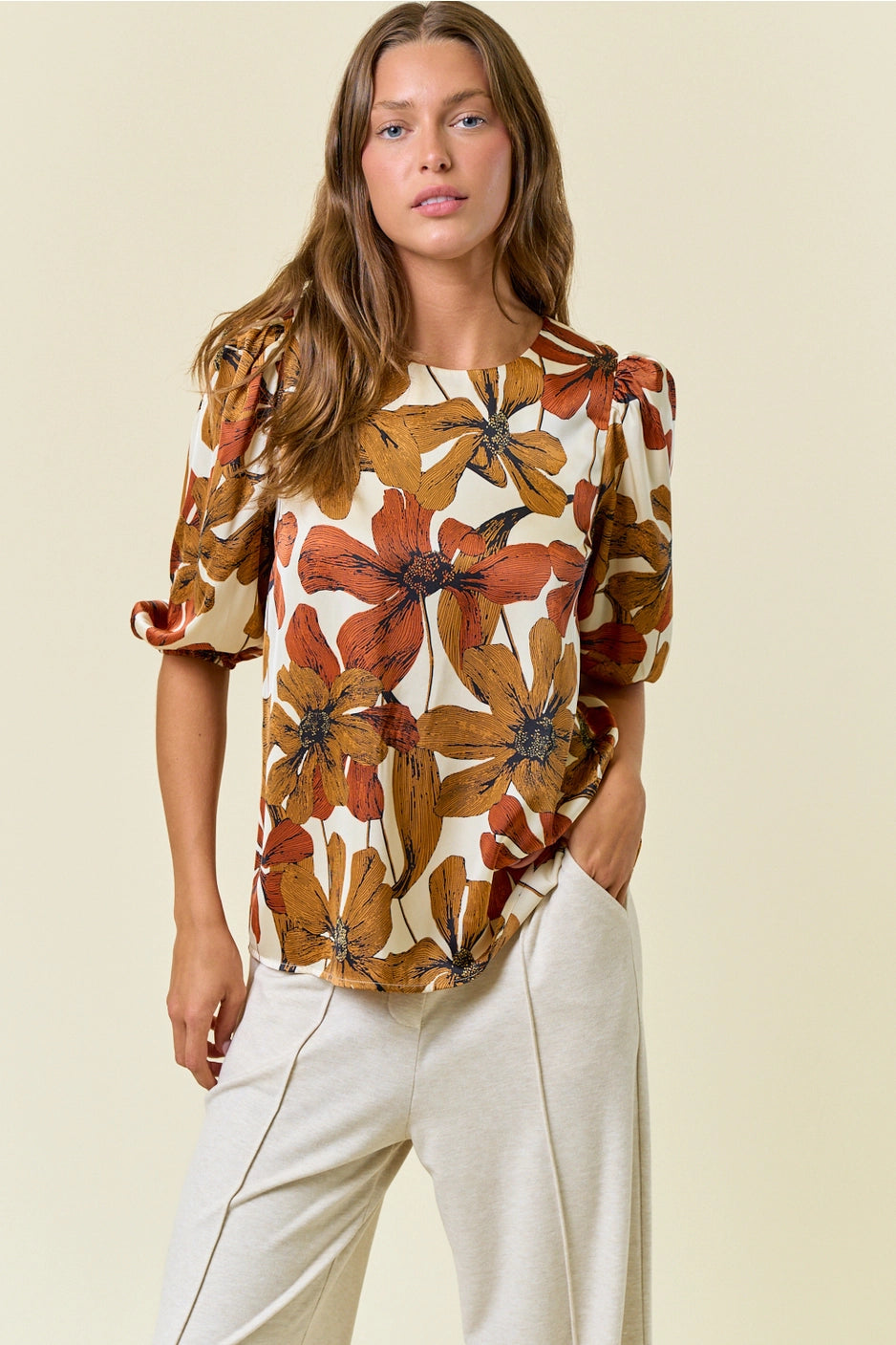 Doe and Rae Floral Printed 3/4 Sleeve Blouse